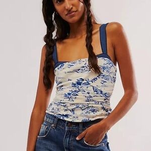Free People Ivory + Blue Top